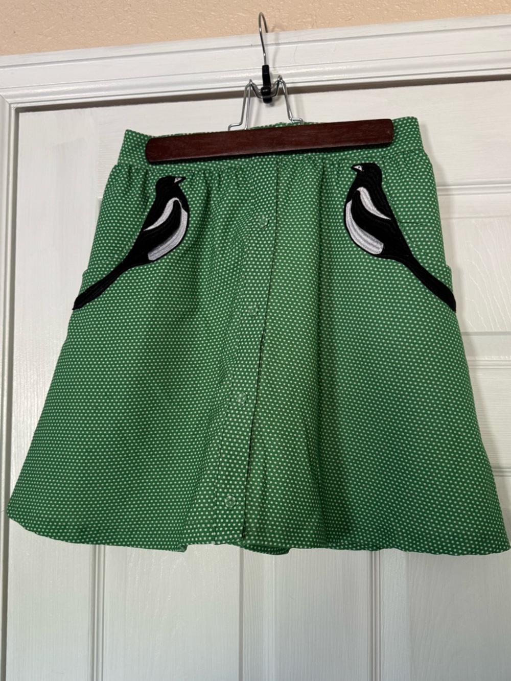 Book of Deer Green Polka Dot Skirt with embroidered birds on the pockets